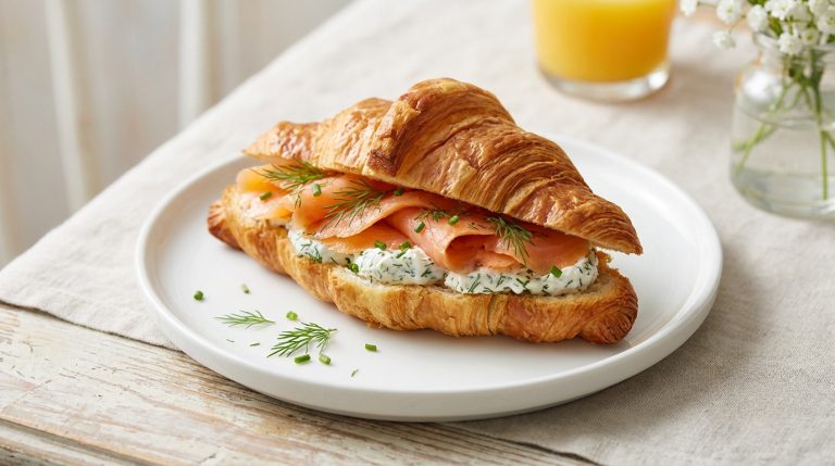 Croissant salé au saumon fumé avec garniture de fromage frais et herbes