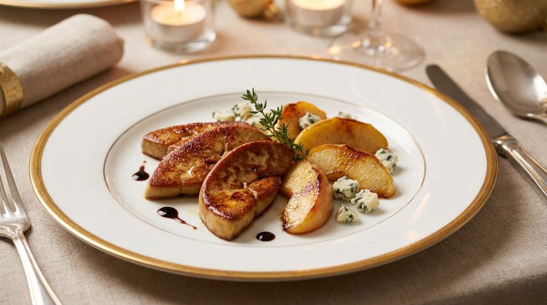 Foie gras poêlé avec Roquefort et quartiers de pomme au sirop, plat gastronomique festif