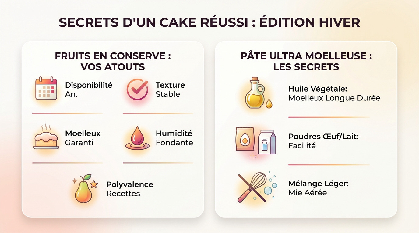 Gâteau pomme poire doré et moelleux sortant du four, garni de fruits en conserve