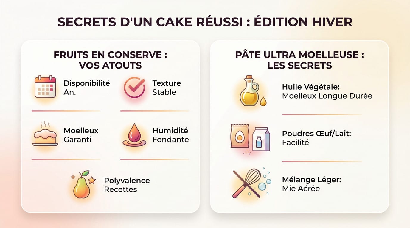 Gâteau pomme poire doré et moelleux sortant du four, garni de fruits en conserve