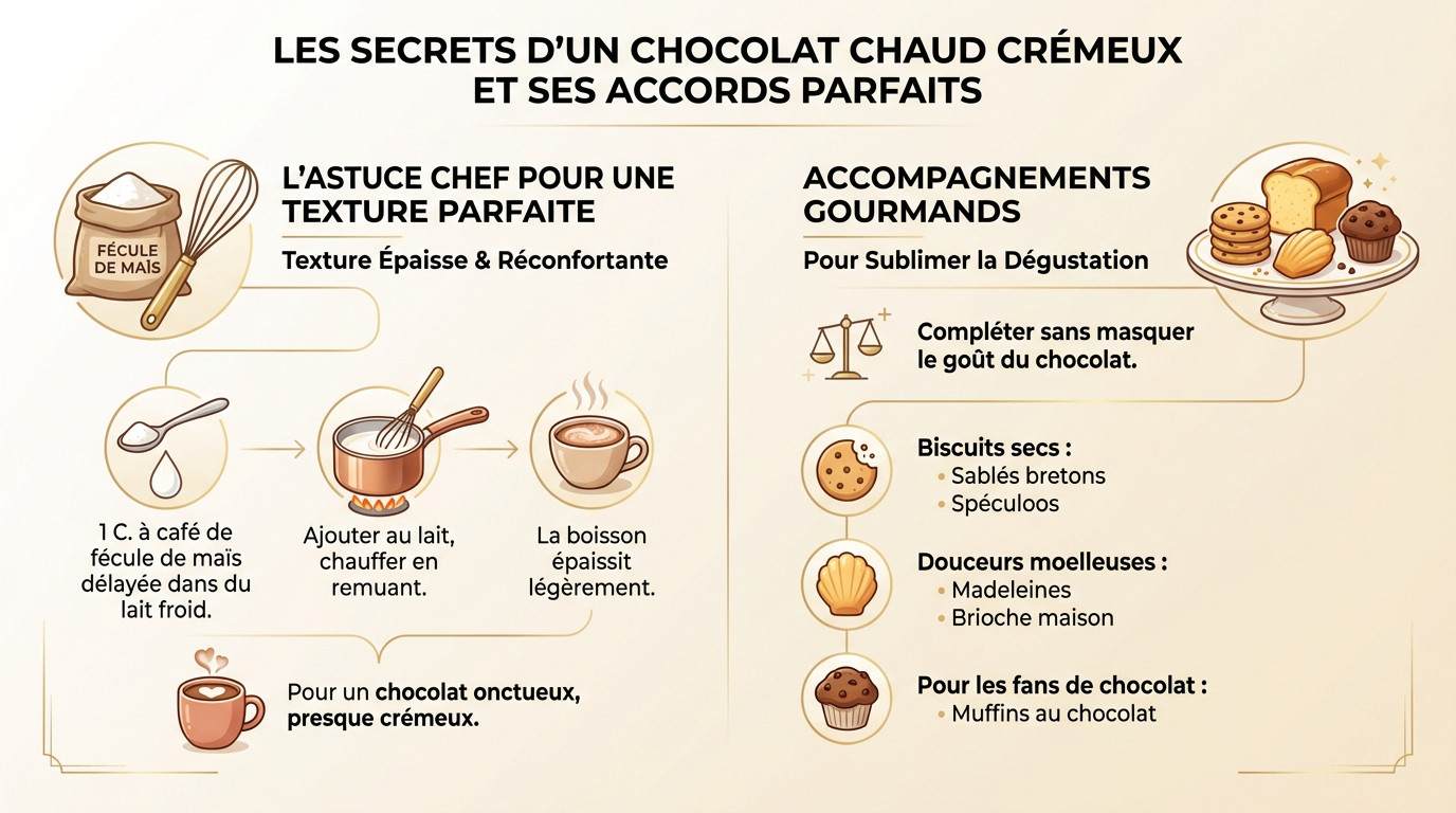 Tasse de chocolat chaud onctueux accompagnée de biscuits sur une table en bois