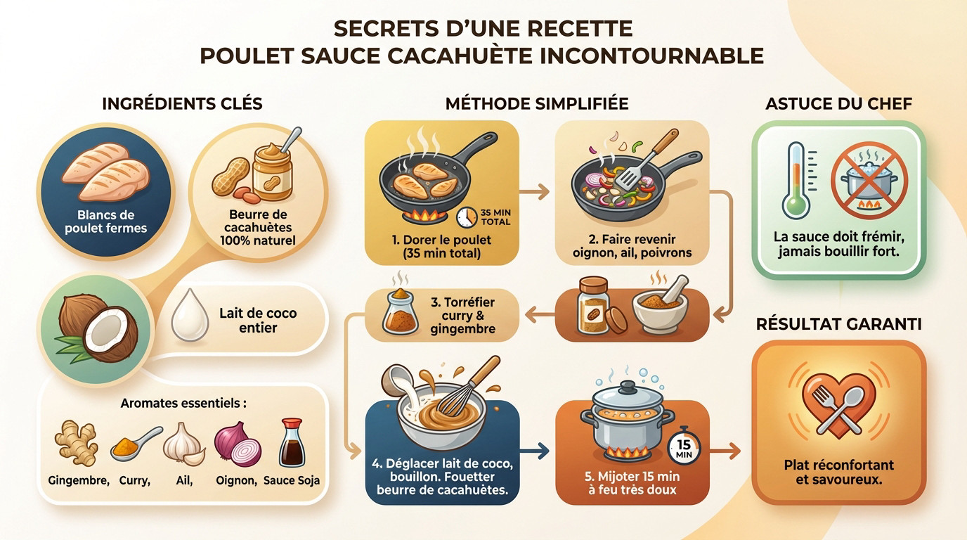 Préparation onctueuse d'un poulet sauce cacahuètes avec ingrédients frais