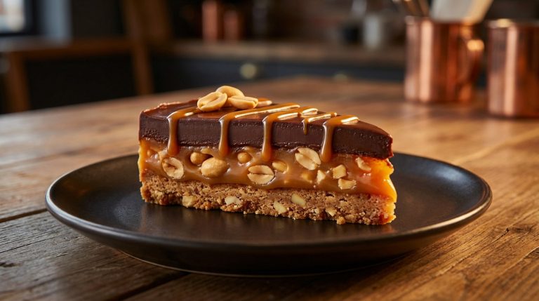 Dessert caramel cacahuètes avec ganache et base croustillante, recette gourmande