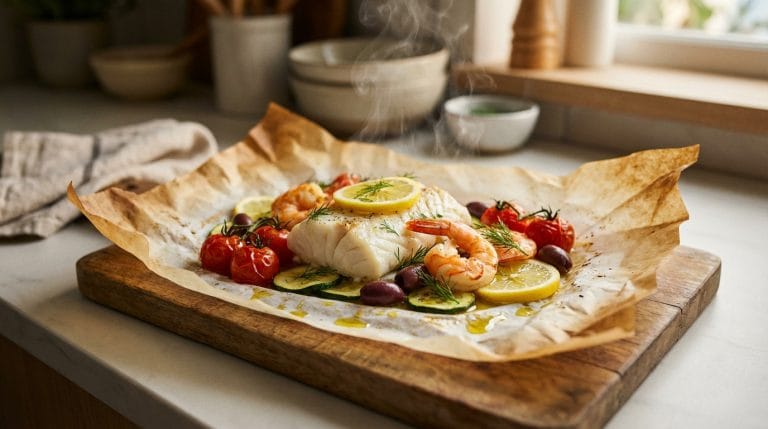 Papillote de cabillaud et crevettes avec tomates cerises et olives, plat méditerranéen sain