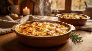 Gratin dauphinois traditionnel français avec pommes de terre, crème et muscade