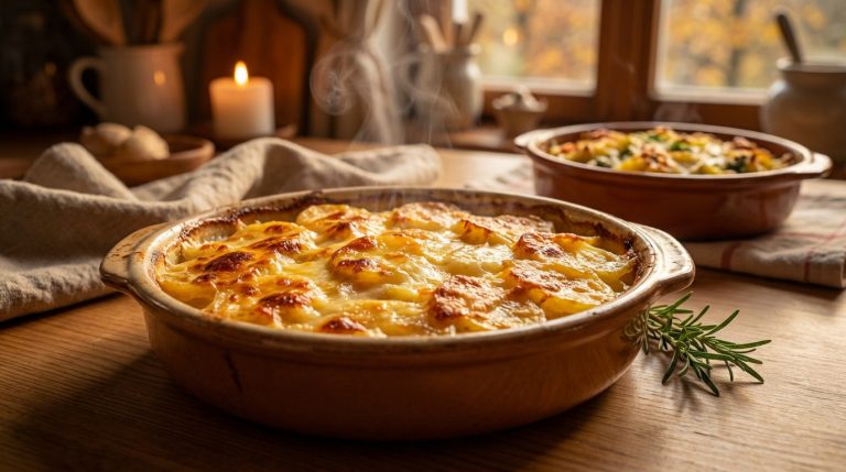 Gratin dauphinois traditionnel français avec pommes de terre, crème et muscade