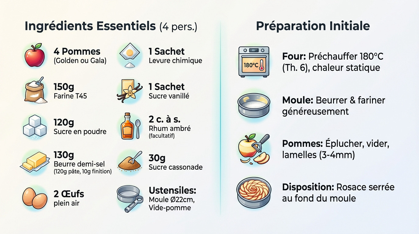 Ingrédients préparés pour le gâteau aux pommes, incluant pommes, beurre et farine