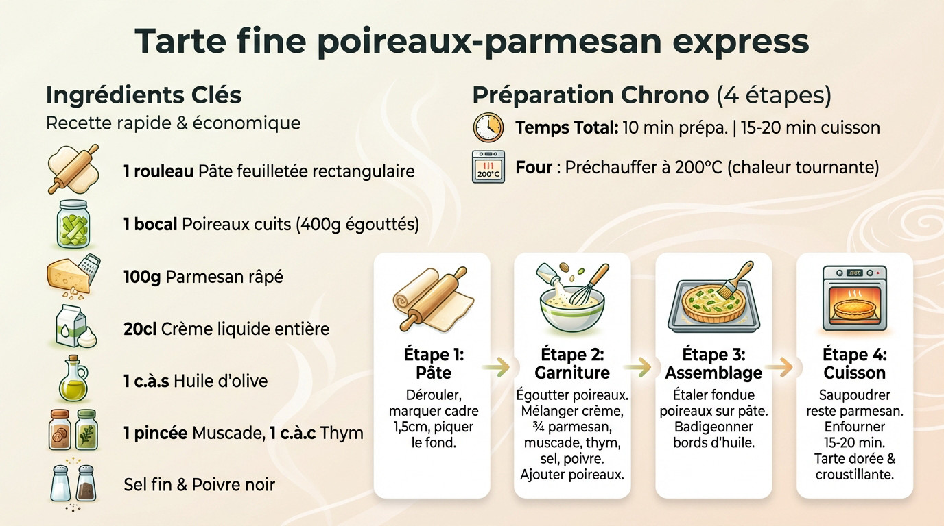 Tarte fine poireaux parmesan croustillante et dorée sur une table en bois