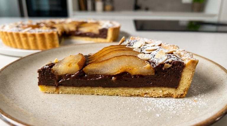 Tarte poires chocolat prête à déguster, garnie de poires au sirop et chocolat noir