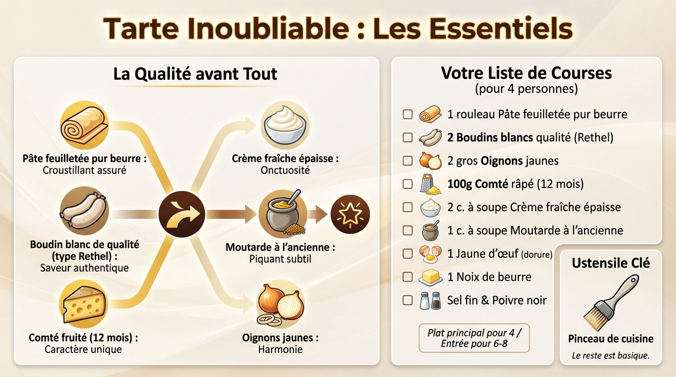 Ingrédients essentiels pour la tarte au boudin blanc : pâte feuilletée, boudins de Rethel et Comté affiné