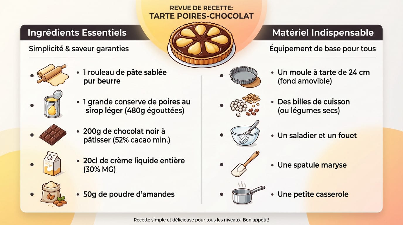 Ingrédients et matériel nécessaires pour la tarte poire chocolat express
