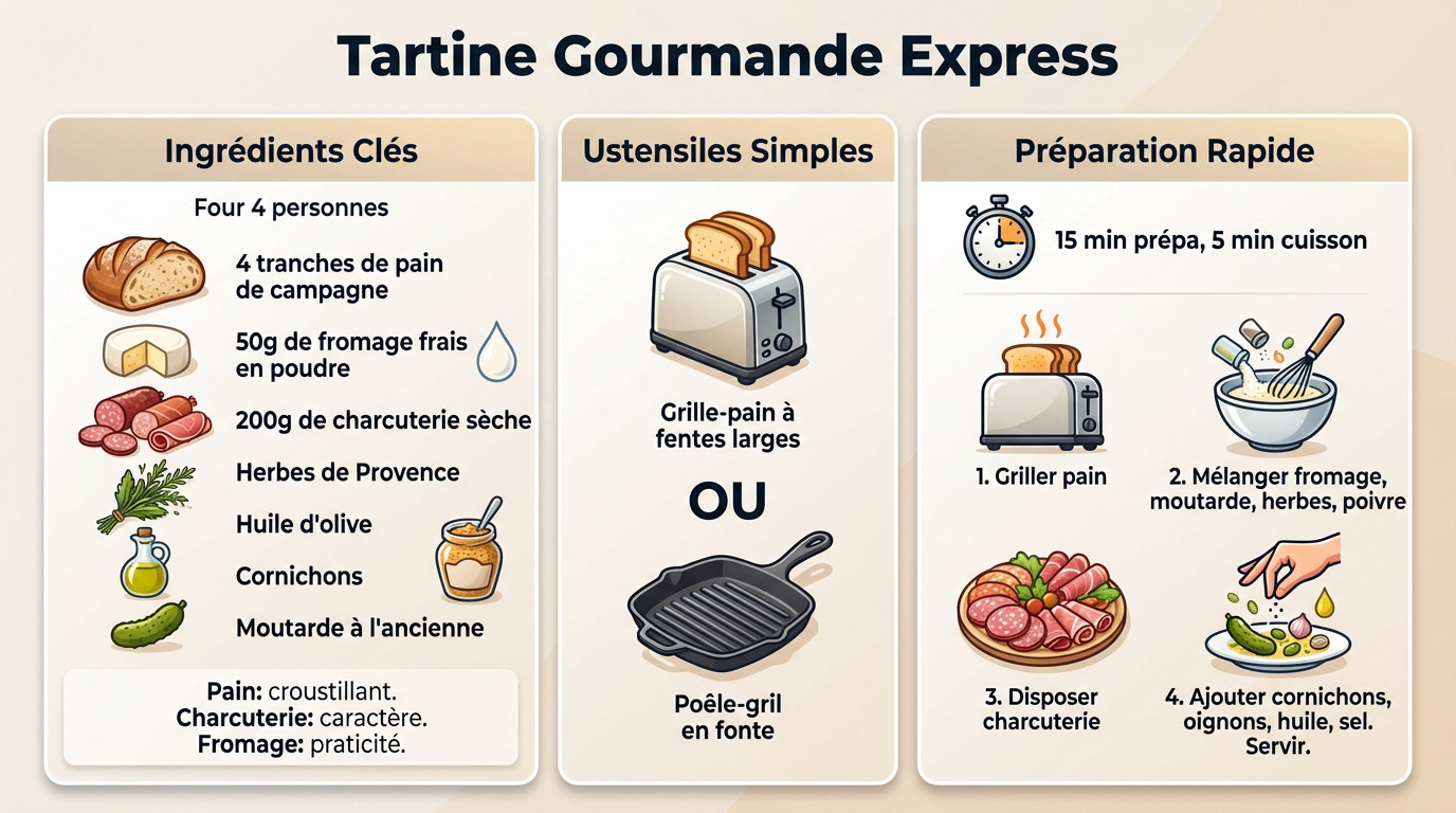 Tartine gourmande de fromage frais et charcuterie servie sur une planche en bois