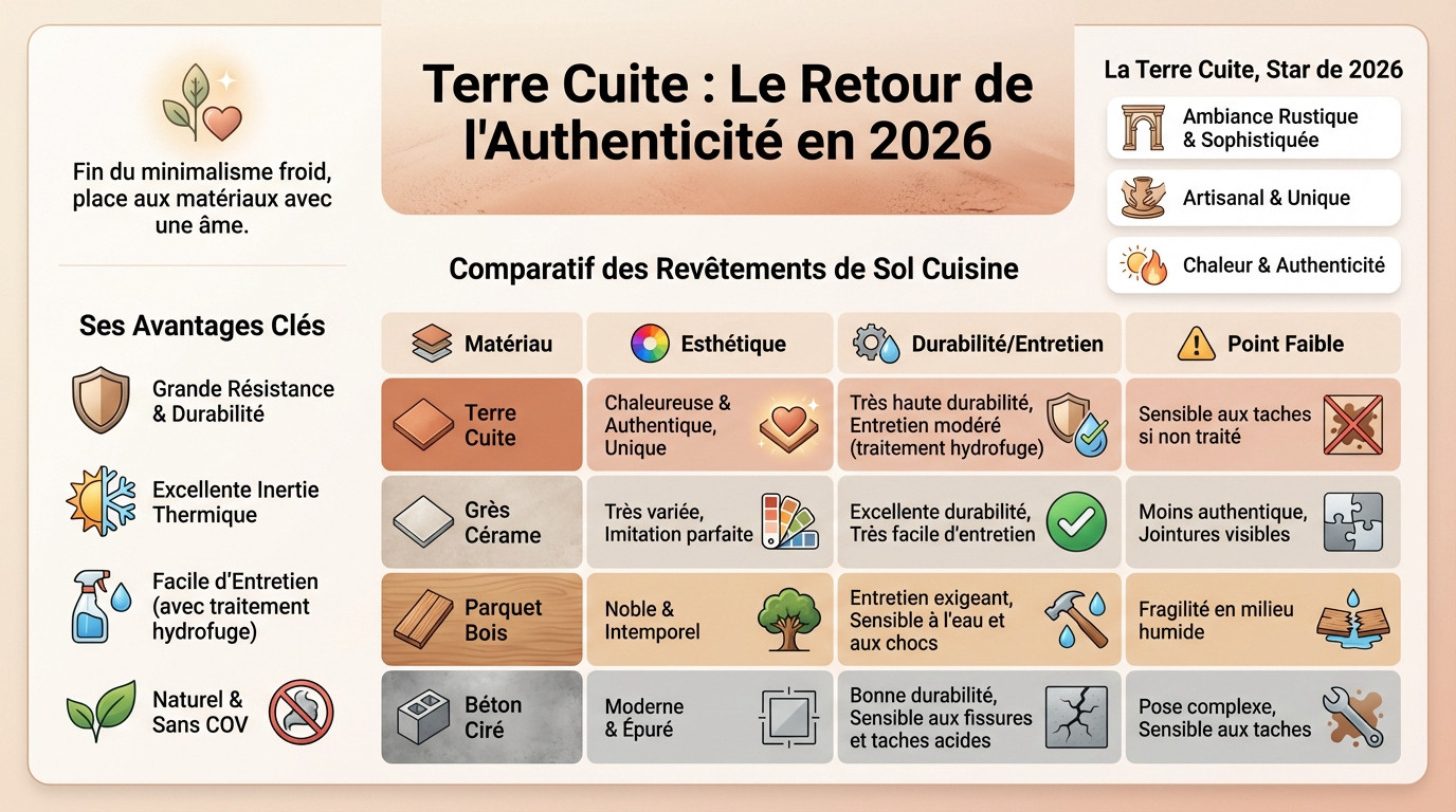 Cuisine tendance 2026 avec sol en tomettes de terre cuite et mobilier rétro