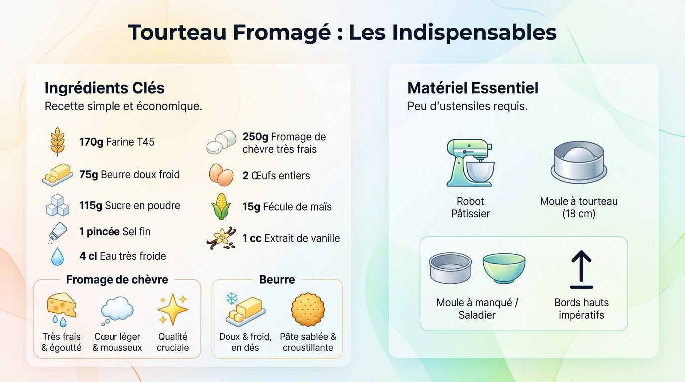 Ingrédients et moule nécessaires pour la recette tourteau fromager