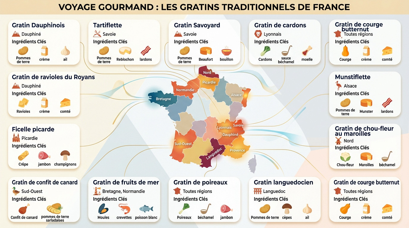 Carte de France illustrant la diversité des recettes de gratins du terroir français
