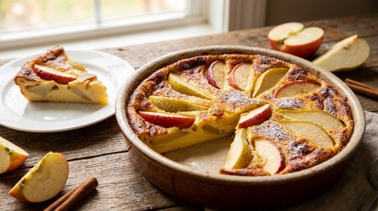 Clafoutis pommes poires avec poires Conférence et pommes Golden, dessert d'automne