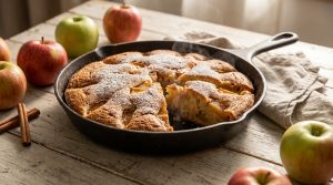 Gâteau aux pommes moelleux cuit à la poêle, avec des tranches de pommes caramélisées sur le dessus