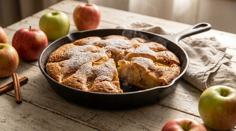 Gâteau aux pommes moelleux cuit à la poêle, avec des tranches de pommes caramélisées sur le dessus