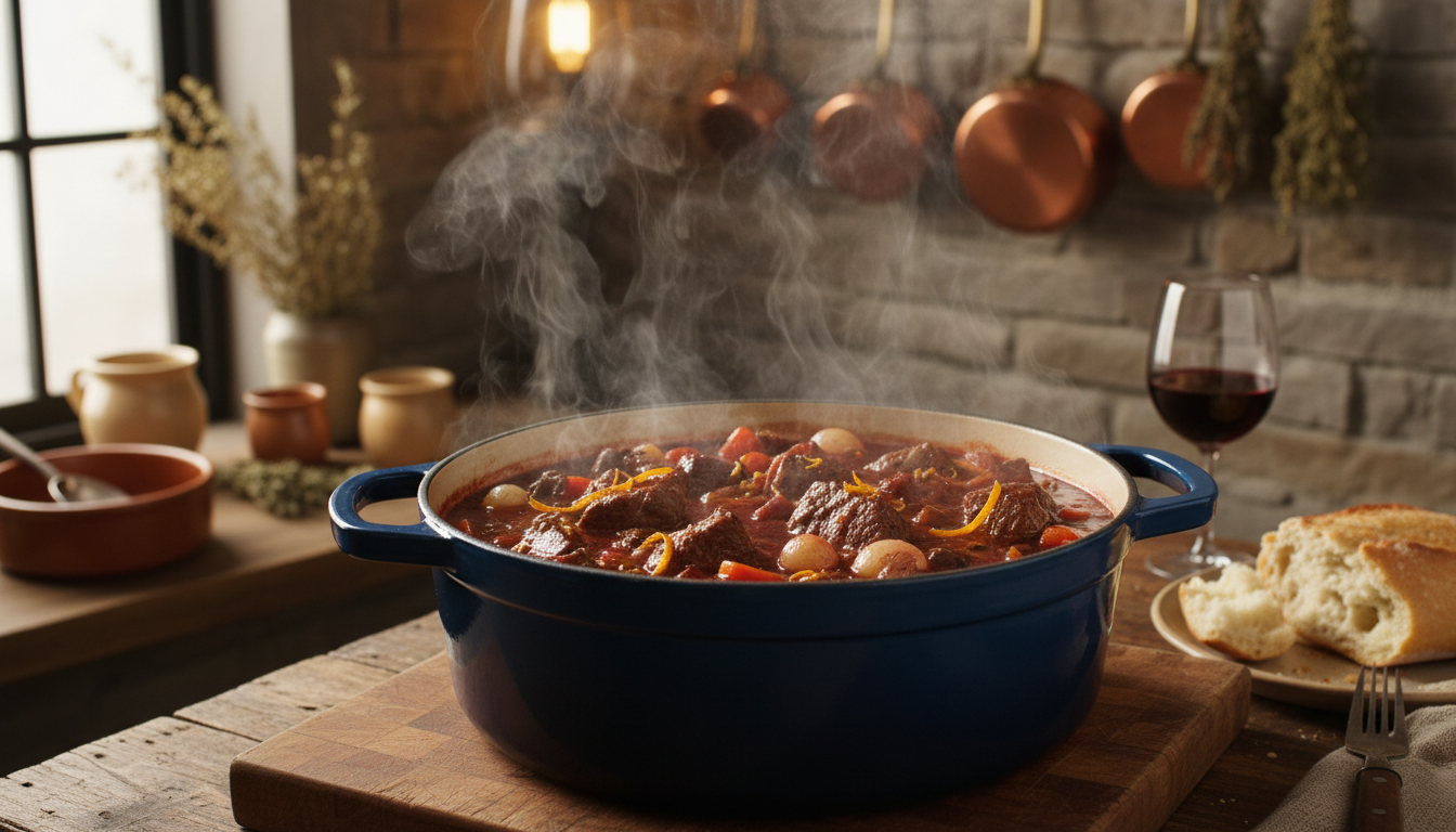 découvrez la recette du bœuf confit à l'orange et au vin rouge, une cuisson lente en cocotte qui garantit une viande fondante et savoureuse.