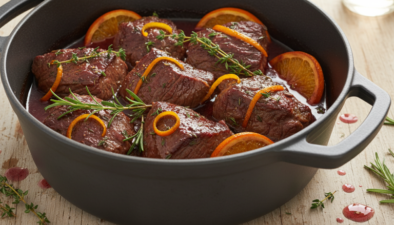 découvrez la recette du bœuf confit à l'orange et au vin rouge, une cuisson lente en cocotte qui révèle toute la tendreté et les saveurs riches de la viande.