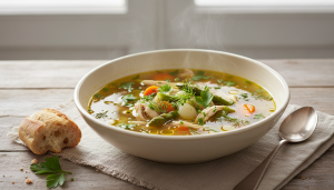 découvrez notre bouillon de poulet léger, une recette savoureuse alliant légumes frais et riz fondant pour un repas sain et réconfortant.