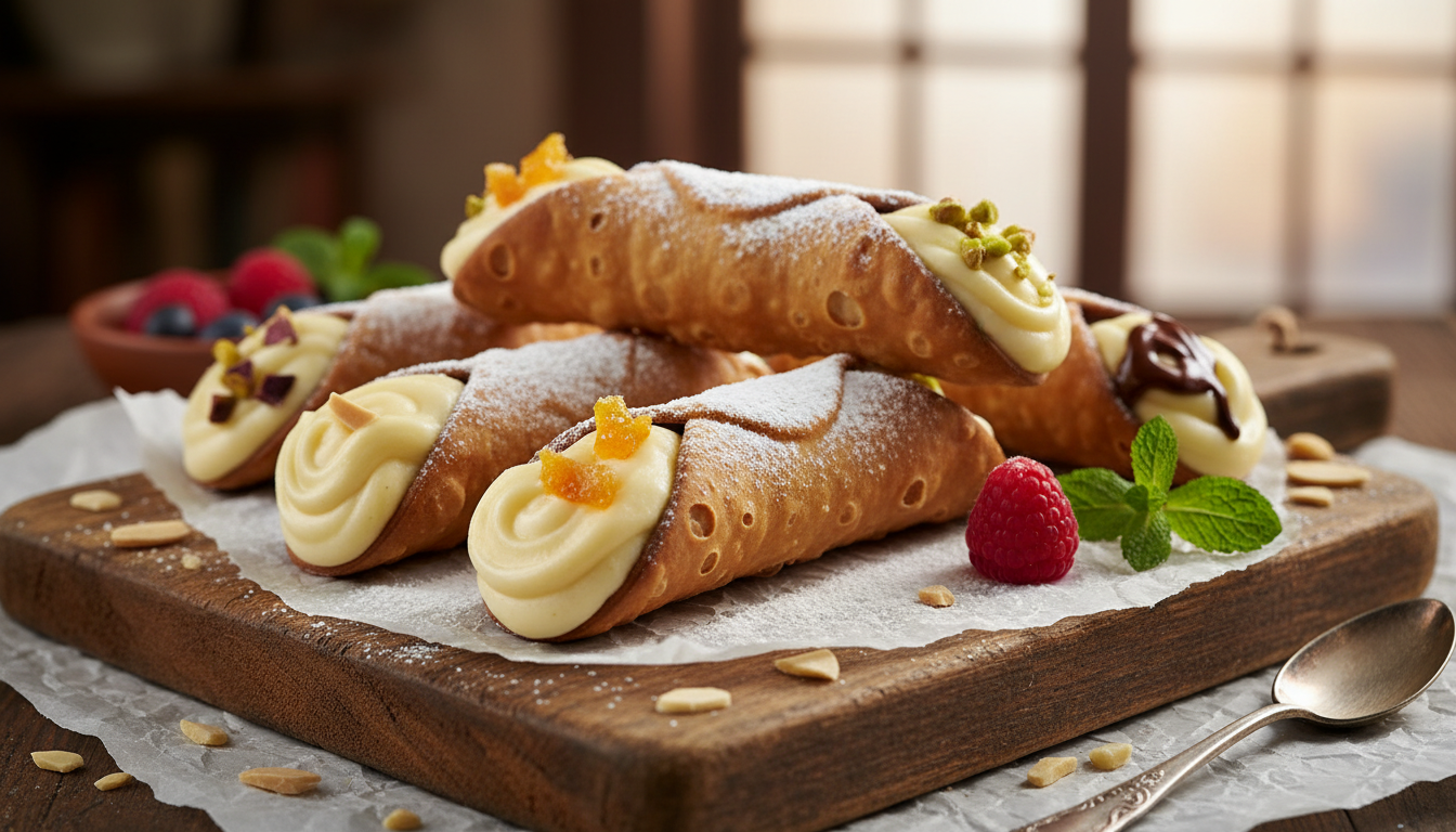 découvrez la recette facile des cannoli dorés au four, fourrés d'une onctueuse crème pâtissière à la vanille, pour un délice artisanal à déguster chez vous.