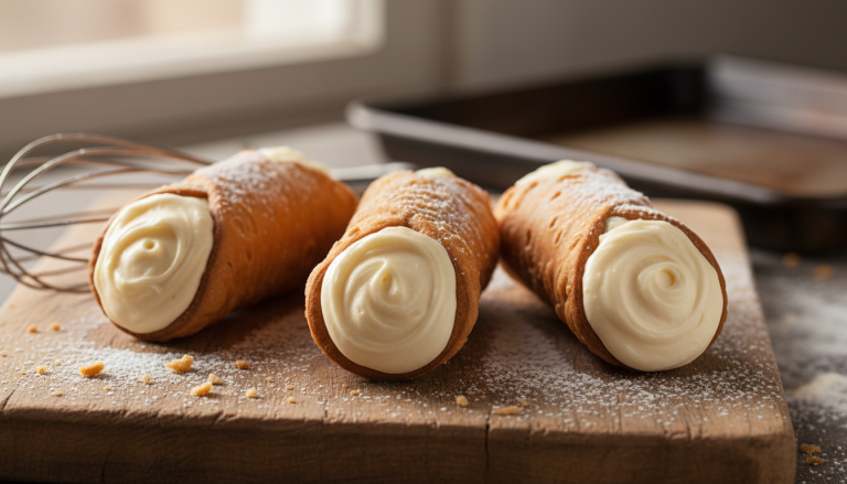 découvrez nos cannoli dorés au four, garnis d'une onctueuse crème pâtissière à la vanille, pour un plaisir artisanal facile à réaliser et à déguster chez vous.