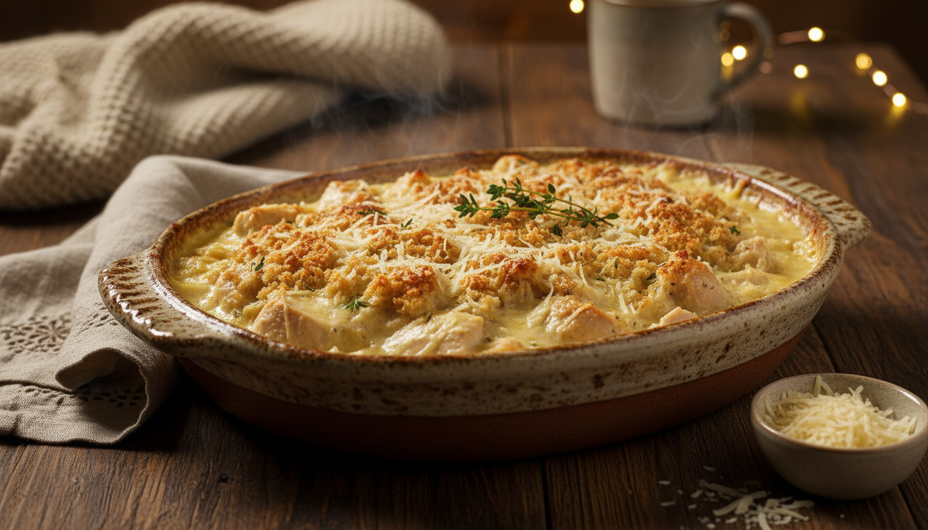 savourez un gratin réconfortant au blanc de poulet et crème, hommage aux recettes traditionnelles de grand-mère, parfait pour réchauffer vos soirées d’hiver.