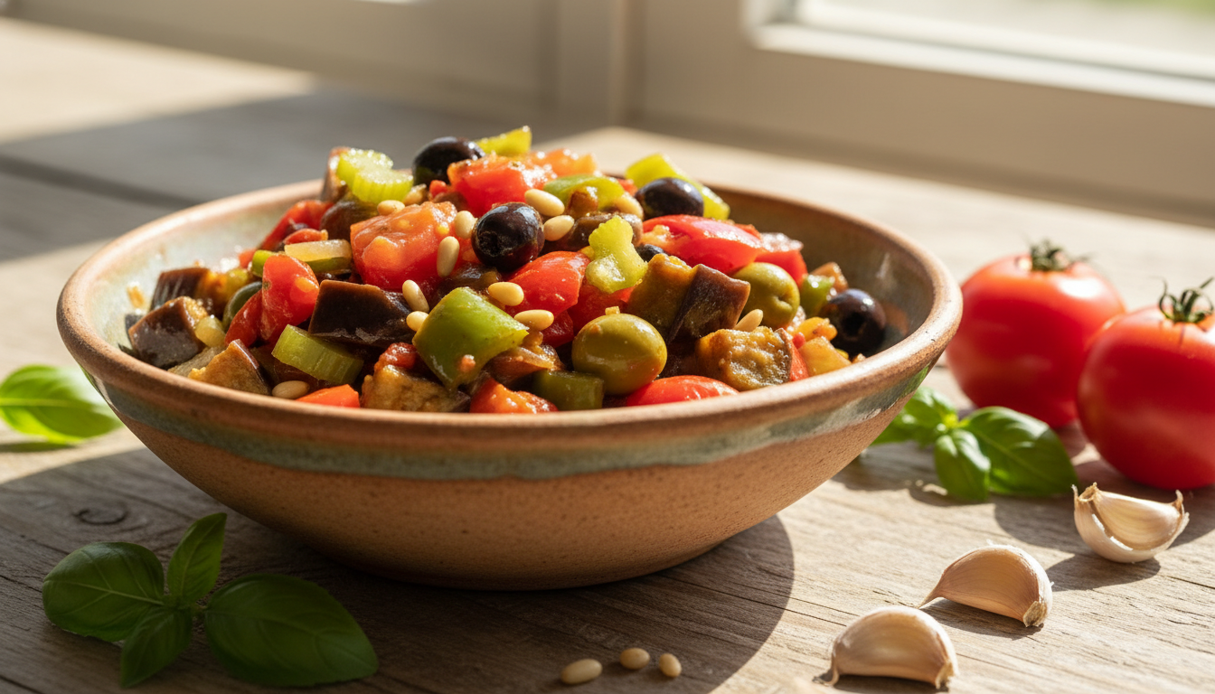 découvrez cette caponata sicilienne maison, un délicieux plat méditerranéen qui apporte un véritable rayon de soleil dans votre assiette et fait revivre les saveurs des vacances.