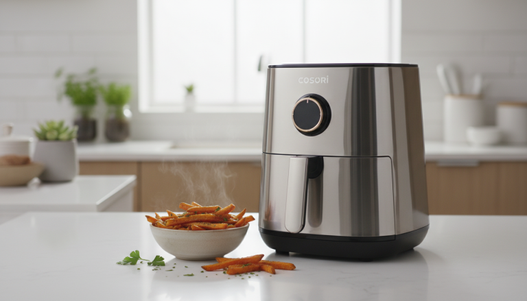 découvrez le cosori iconic single, un airfryer en inox performant pour préparer des frites délicieusement saines, croustillantes et légères en un rien de temps.