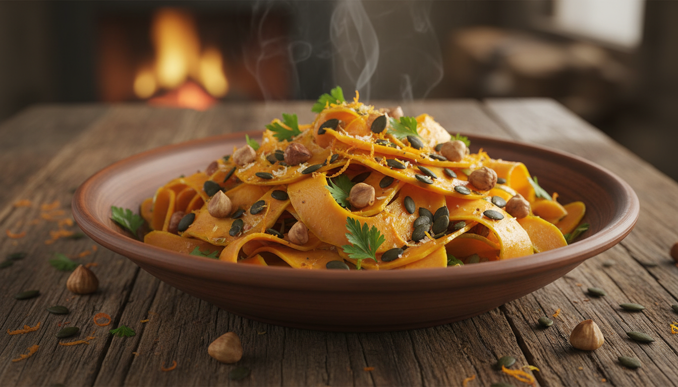 savourez une salade tiède de courge crue, croquante et subtilement parfumée à l’orange, pour une touche gourmande et rafraîchissante qui prolonge la magie des fêtes.