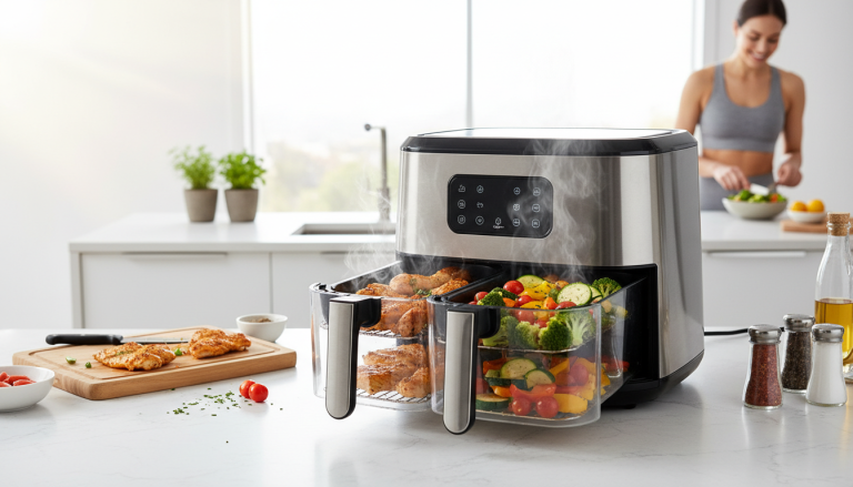 découvrez la friteuse ninja double stack xl sl400euwh, offrant 9,5 l de capacité pour une cuisson saine et sans huile. profitez de repas délicieux et croustillants en toute simplicité.