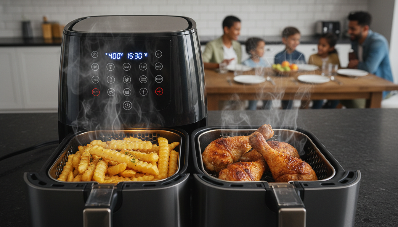 découvrez notre friteuse xxl à double compartiment de 12l, idéale pour cuisiner deux plats en même temps avec une efficacité optimale et un gain de temps considérable.