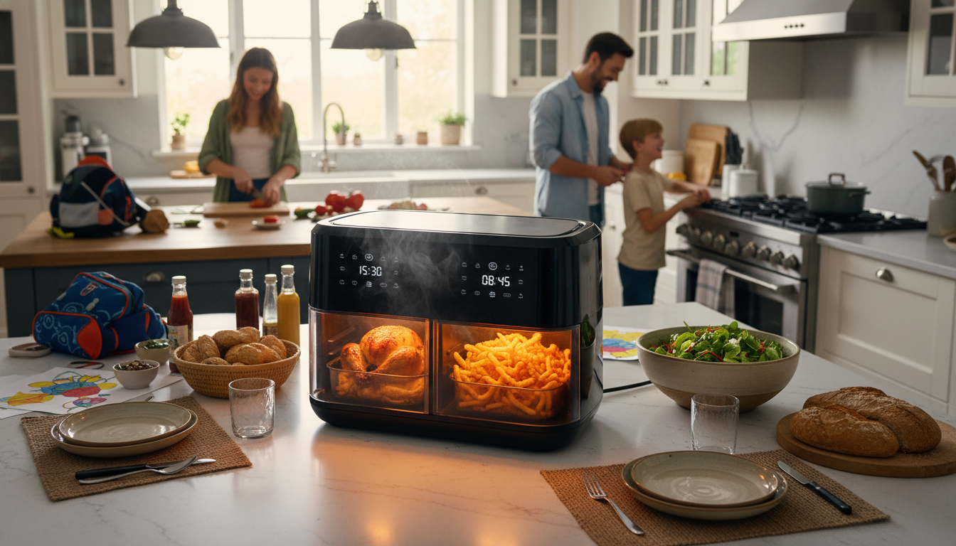 découvrez la friteuse xxl à double compartiment de 12l pour cuisiner deux plats en même temps, rapidement et efficacement. parfaite pour gagner du temps et préparer de délicieuses fritures.