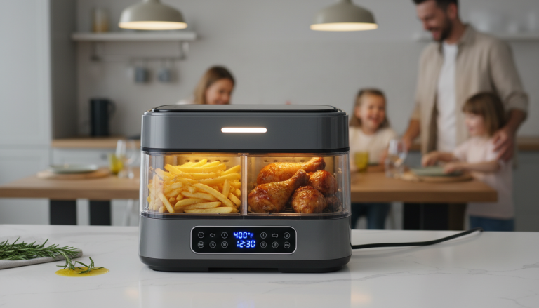 découvrez la friteuse xxl 12l à double compartiment, idéale pour cuisiner deux plats en même temps avec rapidité et efficacité. parfaite pour gagner du temps en cuisine tout en préparant des repas savoureux.