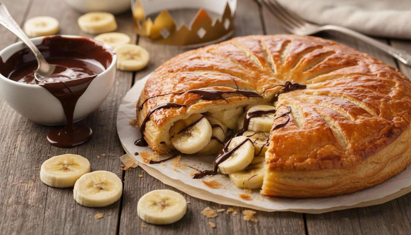 savourez une galette des rois moelleuse et gourmande qui marie l'audace de la banane au charme fondant du chocolat. une alliance surprenante à ne pas manquer pour régaler vos papilles !