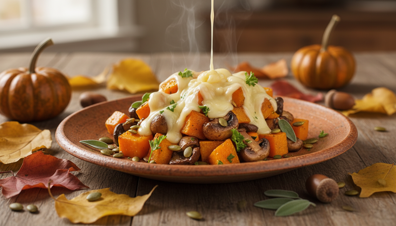 savourez l'automne avec notre salade gourmande alliant butternut rôti, champignons frais et fromage fondant pour une explosion de saveurs réconfortantes.