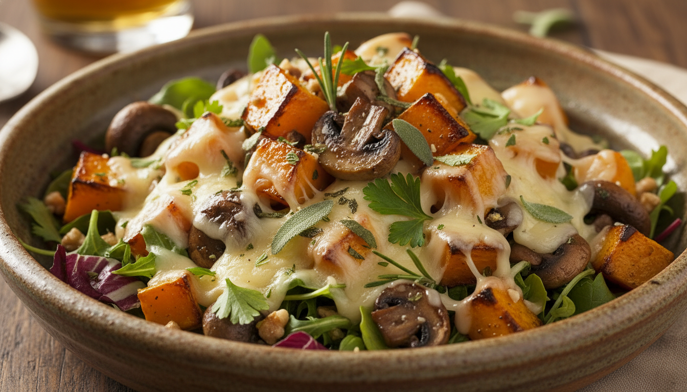 découvrez une délicieuse salade automnale mêlant douceur de la butternut, saveurs des champignons et onctuosité du fromage fondant, parfaite pour réchauffer vos repas de saison.