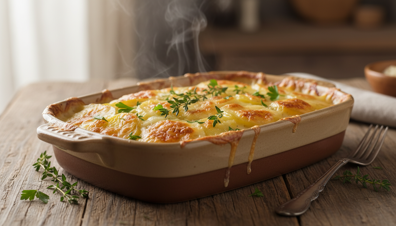 savourez notre gratin de pommes de terre fondant inspiré de la raclette, un plat réconfortant et gourmand parfait pour vos repas d'hiver en famille ou entre amis.