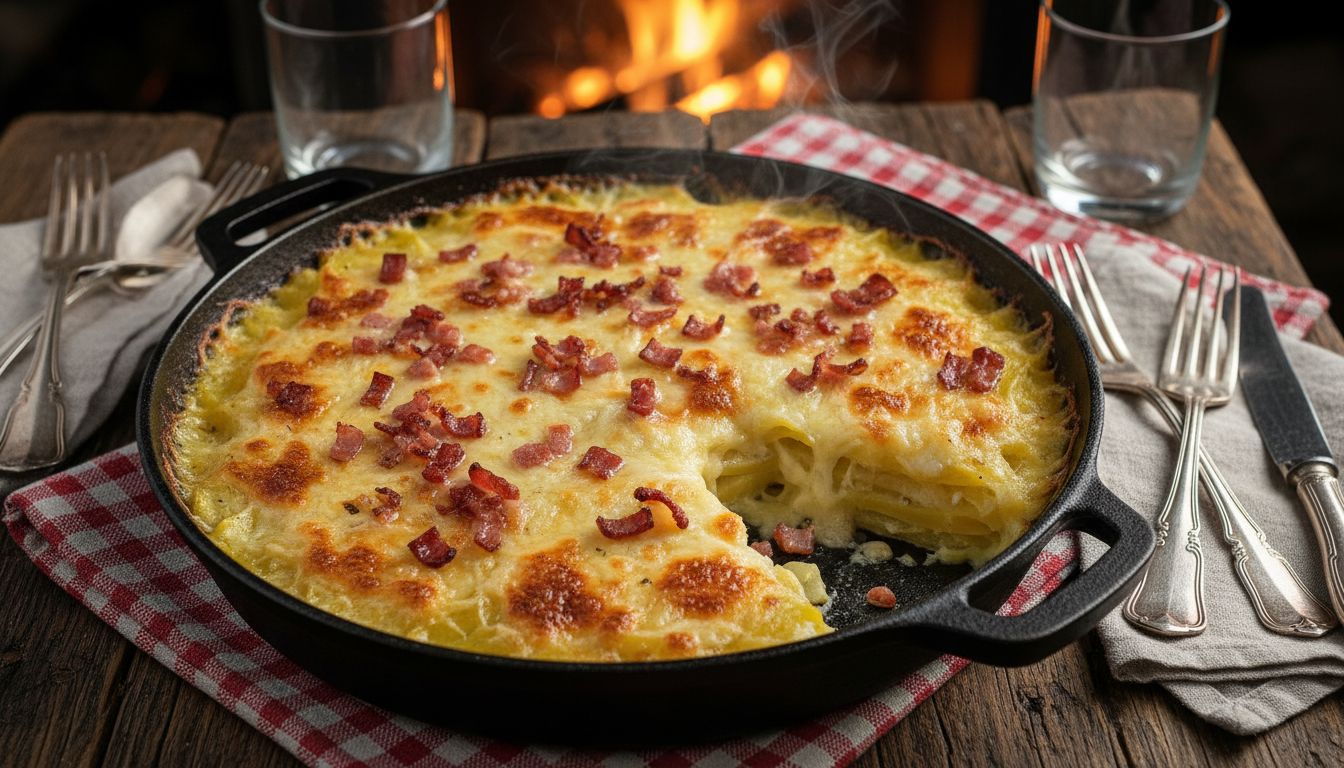 découvrez notre gratin de pommes de terre fondant et savoureux, inspiré des saveurs riches de la raclette. un plat réconfortant parfait pour partager en famille ou entre amis.