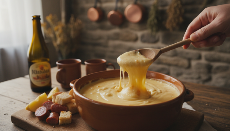 savourez une fondue fondante au camembert et au cidre, une spécialité normande gourmande et réconfortante, idéale pour partager un moment convivial.