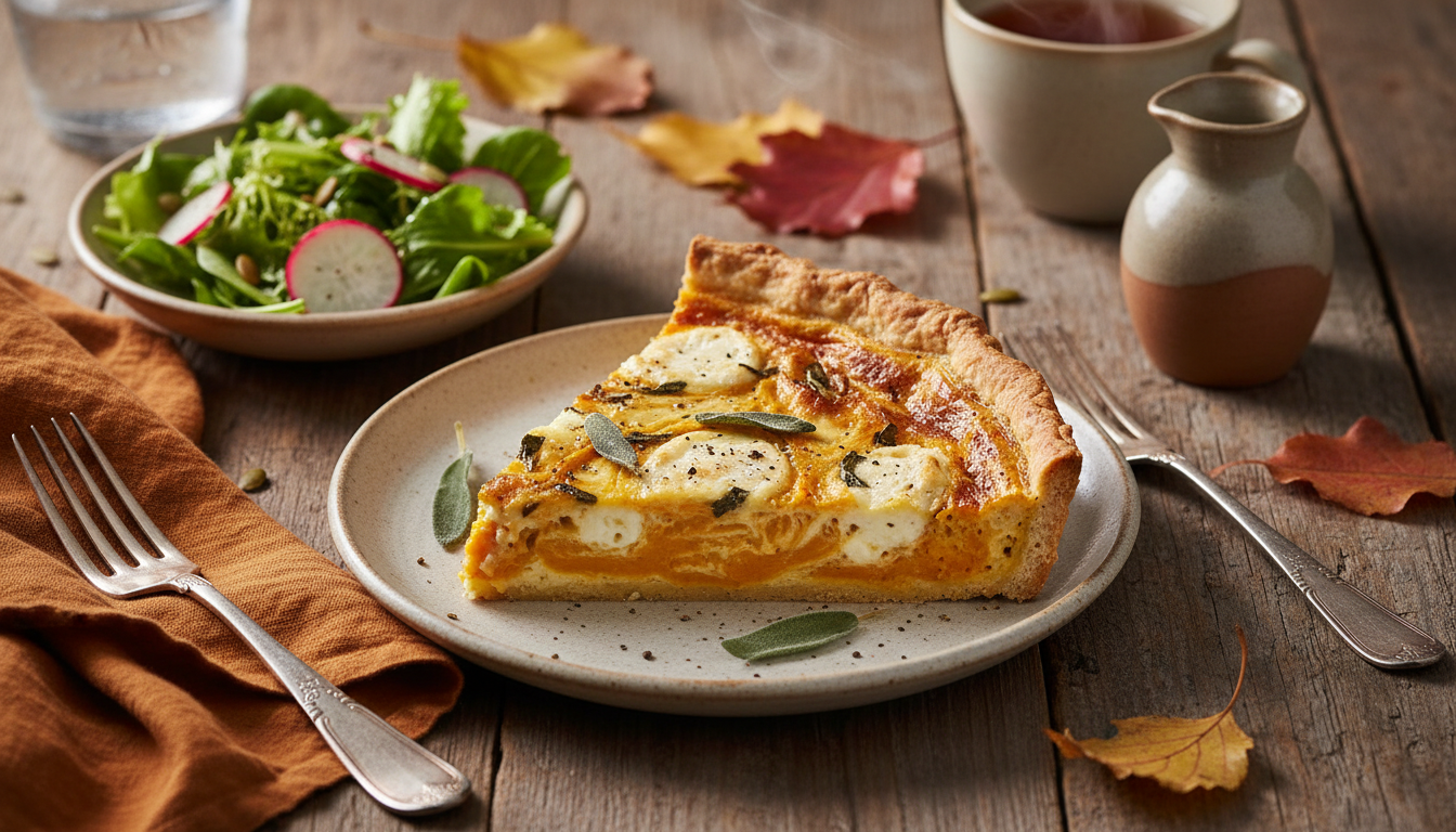 savourez l'automne avec notre quiche onctueuse au potimarron et fromage frais, un délice gourmand et réconfortant parfait pour vos repas de saison.