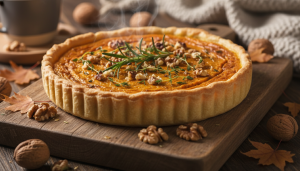 savourez l'automne avec notre quiche onctueuse au potimarron et fromage frais, un mélange parfait de douceur et de fraîcheur pour vos repas de saison.