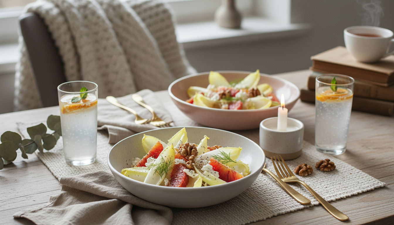 savourez un mélange unique d'endives croquantes, d'orange juteuse, de noix grillées et de fromage de brebis fondant pour une expérience gourmande et équilibrée.