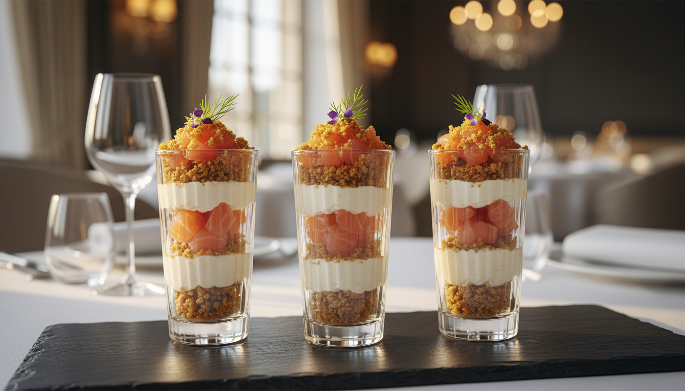 découvrez une recette gourmande de délice en verrines alliant saumon, pain d'épices et fromage frais, parfaite pour vos apéritifs et repas festifs.