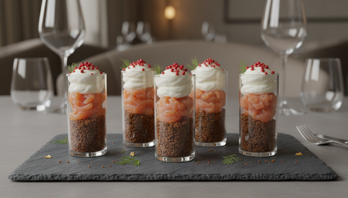 découvrez une recette gourmande de délice en verrines alliant saumon, pain d'épices et fromage frais, idéale pour un apéritif raffiné et facile à réaliser.