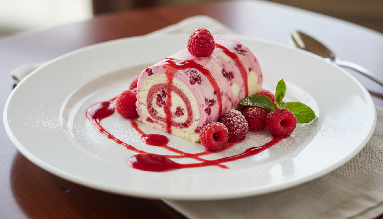 découvrez notre délice glacé à la framboise : un biscuit aux amandes croustillant, une mousse légère et un insert gélifié pour une découpe parfaite et un goût savoureux.