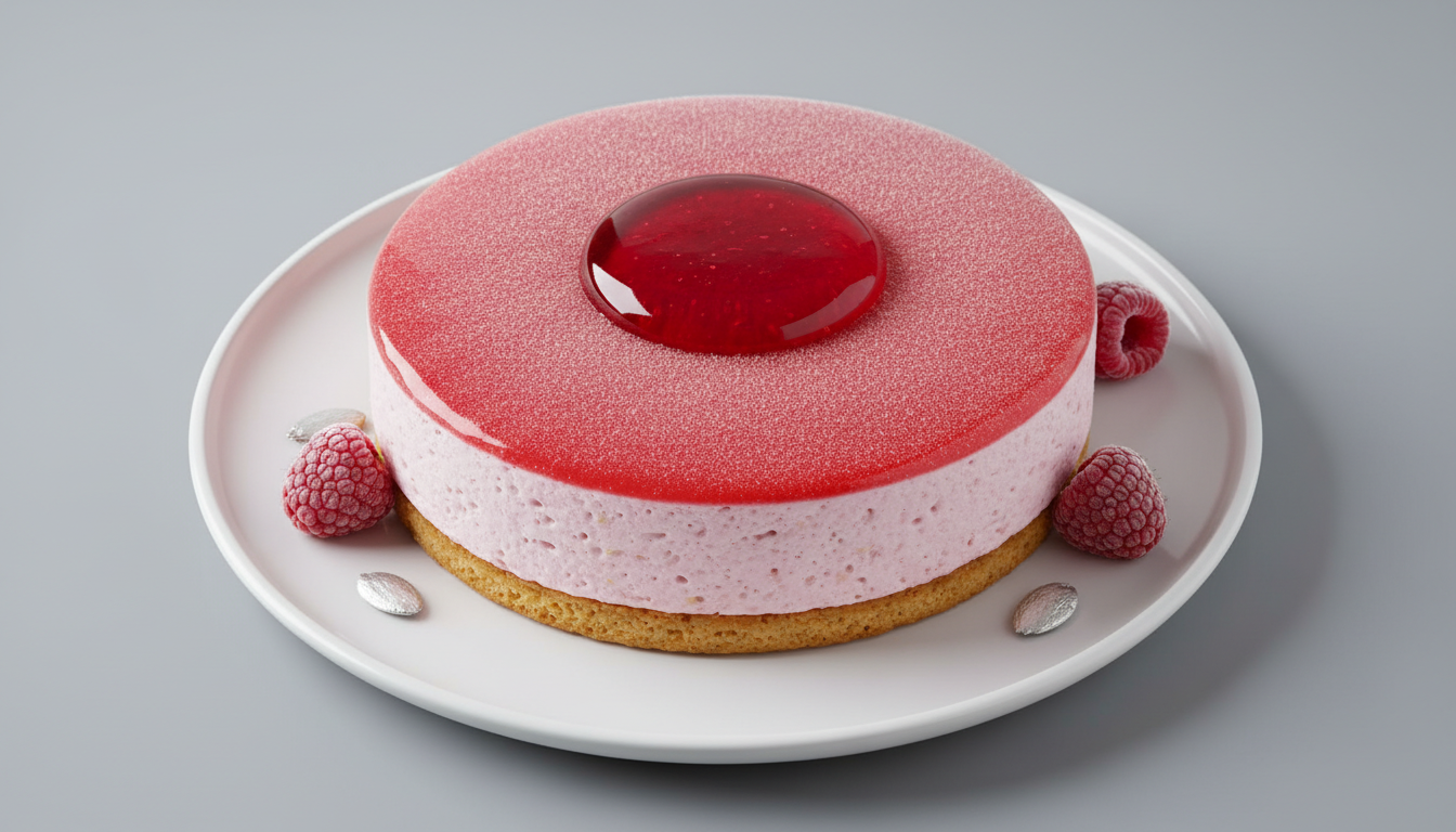 découvrez notre délice glacé à la framboise, mêlant biscuit aux amandes, mousse légère et insert gélifié pour une découpe parfaite et un goût exquis.