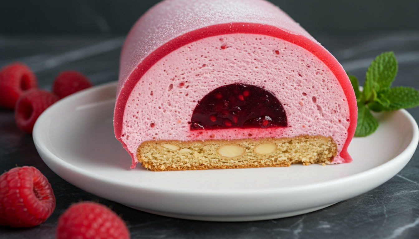 savourez notre délice glacé à la framboise, composé d'un biscuit aux amandes croustillant, d'une mousse légère et d'un insert gélifié pour une découpe parfaite et un goût exquis.