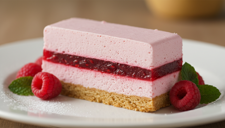 savourez notre délice glacé à la framboise, alliant biscuit aux amandes croustillant, mousse légère et insert gélifié pour une découpe parfaite et un goût exquis.